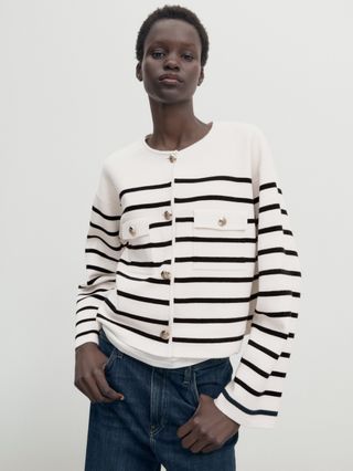 Massimo Dutti + Striped Knit Cardigan With Pocket