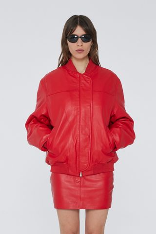 Remain Birger Christensen + Leather Bomber Jacket Red