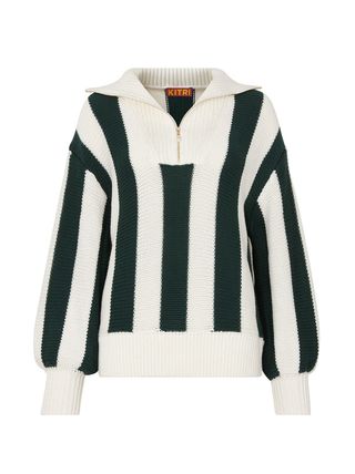 Kitri + Lorna Green Stripe Zip Collar Cotton Sweater