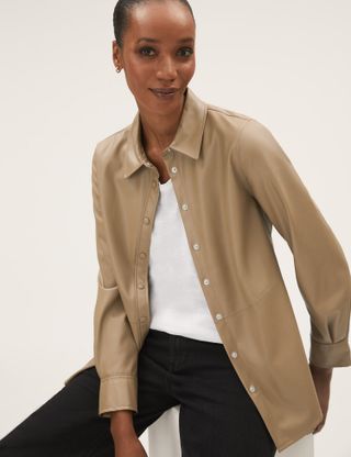 M&S Collection + Faux Leather Collared Long Sleeve Shirt