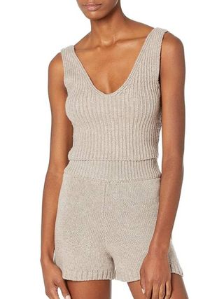 The Drop + Sylvie Double V-Neck Textured Rib Cropped Sweater Tank