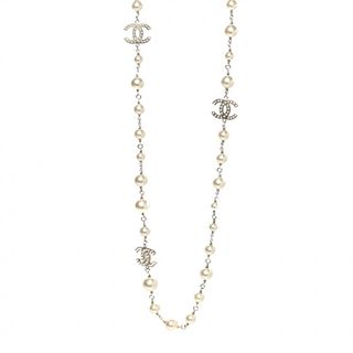 Chanel + Crystal Pearl Cc Long Necklace Gold