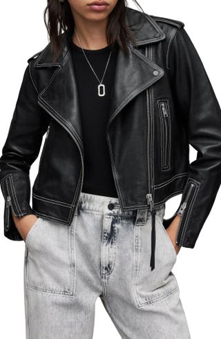 AllSaints + Ayra Contrast Stitch Leather Biker Jacket