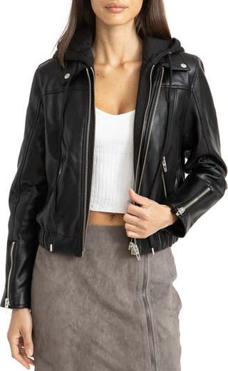 BlankNYC + Faux Leather Bomber Jacket With Removable Hood