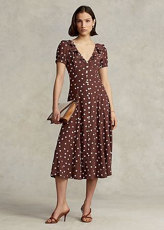 Ralph Lauren + Ruffled Polka-Dot Crepe Midi Dress