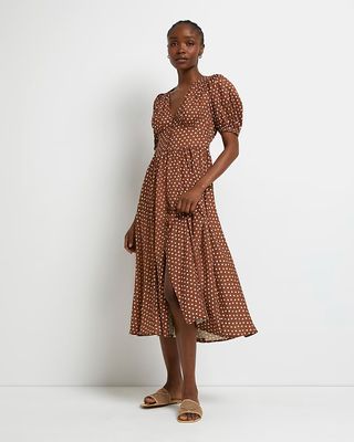 River Island + Brown Polka Dot Midi Shirt Dress