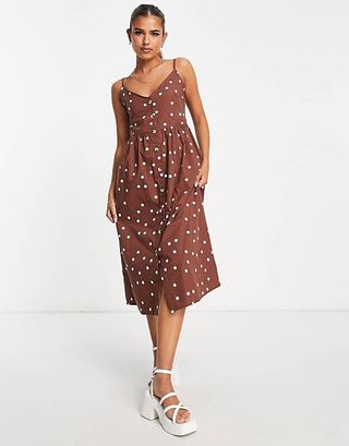 Influence + Cotton Poplin Cami Midi Dress in Brown Polka Dot