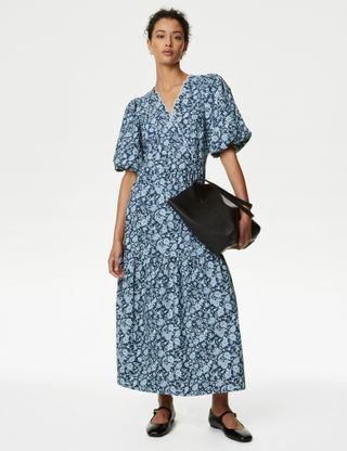 M&S Collection + Pure Cotton Printed V-Neck Midi Wrap Dress
