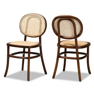 Baxton + Garold Mid-Century Modern Brown Woven Rattan and Walnut Brown Wood 2-Piece Cane Dining Chair Set