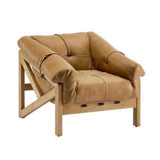 Volans + Contemporary Arm Chair Cube Shape Leather Rubber Legs Cognac