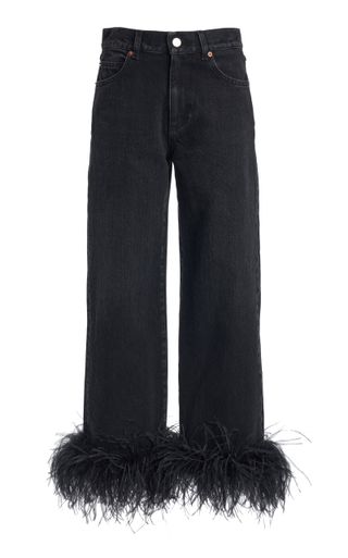 Valentino + Feather-Trimmed Rigid High-Rise Straight Cropped Jeans
