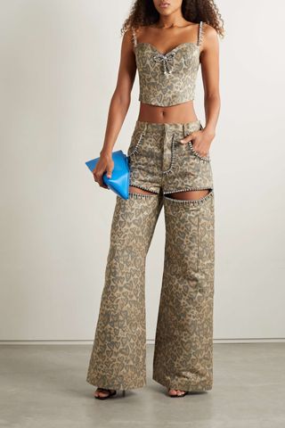 Area + Embellished Cutout Printed High-Rise Wide-Leg Jeans