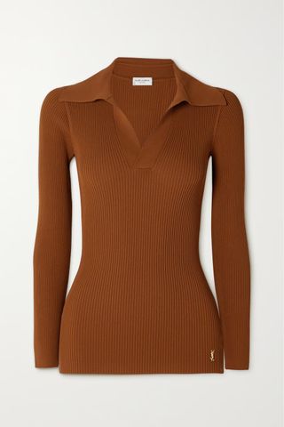 Saint Laurent + Embellished Ribbed-Knit Polo Sweater