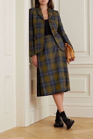 Lafayette 148 + Embellished Leather-Trimmed Fringed Pleated Checked Wool Skirt