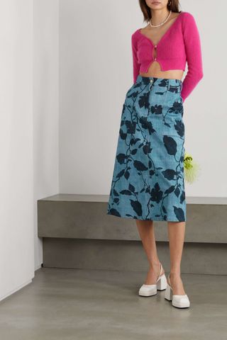 Erdem + Artie Leaf-Print Cotton-Blend Denim Midi Skirt