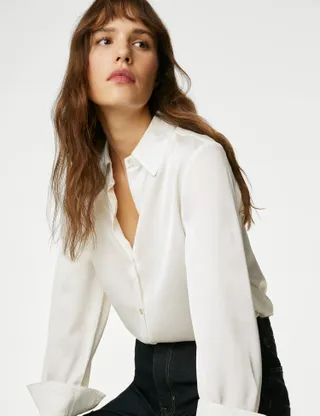 M&S Collection + Satin Collared Long Sleeve Shirt in Ivory