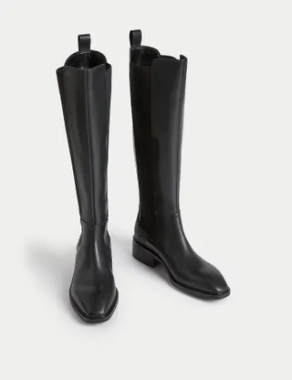 M&S Collection + Leather Chelsea Flat Knee High Boots in Black