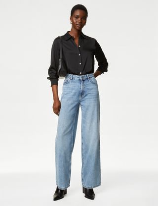 M&S Collection + Lyocell™ Blend Mid Rise Wide Leg Jeans in Light Wash