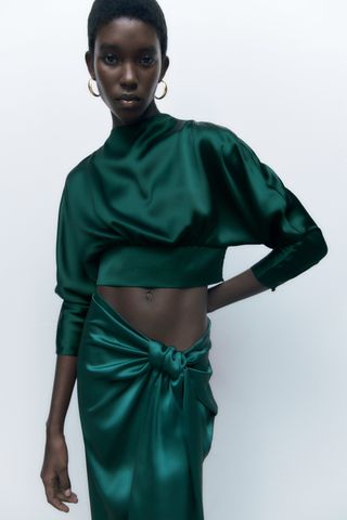 Zara + Knotted Satin Effect Midi Skirt