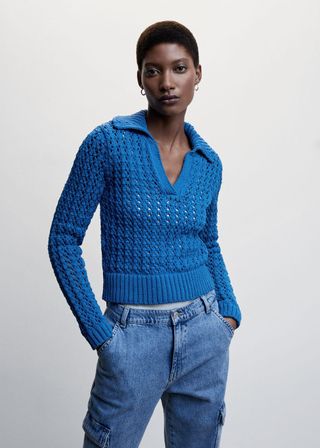 Mango + Openwork Knitted Polo-Neck Sweater