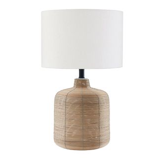 Evelyn & Zoe + Modern Petite Rattan Table Lamp With Blackened Steel Accents
