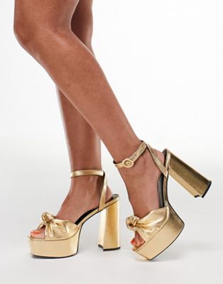 ASOS DESIGN + Knotted Platform Heeled Sandals in Gold