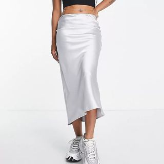 Topshop Petite + Satin Bias Midi Skirt in Silver