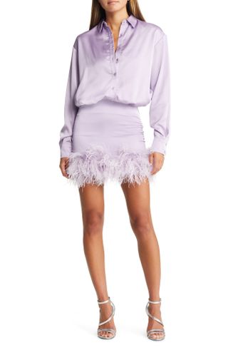 House of Cb + Tyra Feather Trim Long Sleeve Satin Shirtdress