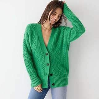 J.Crew + Cable-Knit Stretch Wool Cardigan Sweater