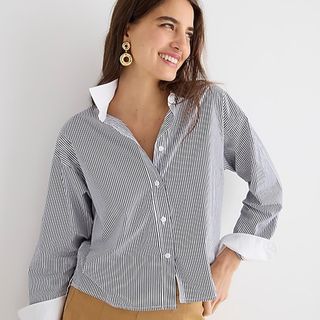 J.Crew + Relaxed-Fit Cropped Cotton Poplin Shirt in Stripe