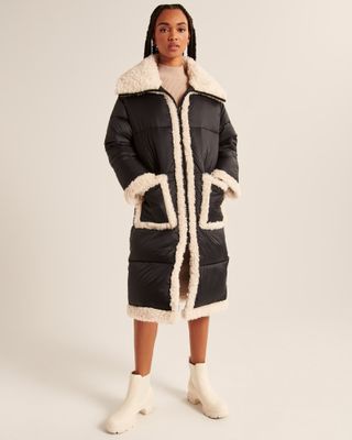 Abercrombie + Ultra Long Diamond Quilted Sherpa-Lined Puffer