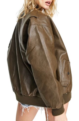 Topshop + Oversize Washed Faux Leather Bomber Jacket