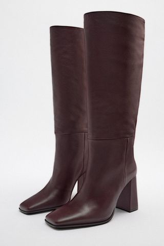 Zara + Heeled Leather Knee-High Boots