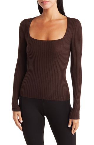 Vince + Square Neck Long Sleeve Ribbed Knit Wool Sweater