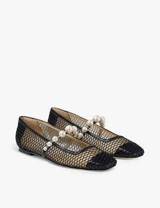 Jimmy Choo + Ade Pearl-Embellished Woven Leather Flats