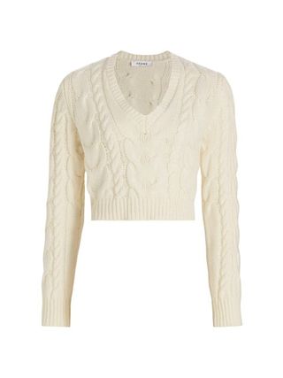 Frame + Cropped Cable Knit V-Neck Sweater