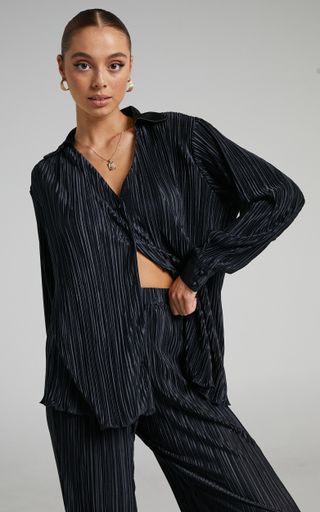Showpo + Beca Plisse Button Up Shirt in Black
