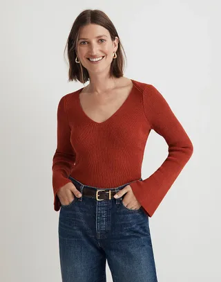 Madewell + Flared-Sleeve V-Neck Sweater