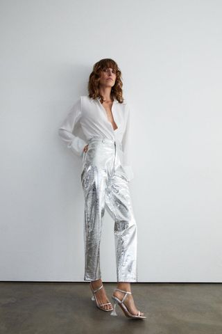 Warehouse + Silver Crackle Faux Leather Straight Trouser