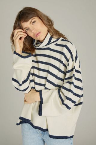 Crumpet Cashmere + Striped Taylor Roll Neck White/Navy