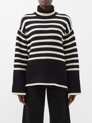 Totême + Black Striped Roll-Neck Wool-Blend Sweater