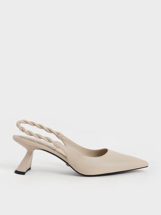 Charles & Keith + Beige Leather Braided Slingback Pumps