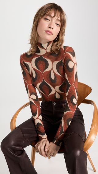 Autumn Cashmere + Retro Print Sheer Fitted Mock Cashmere Top