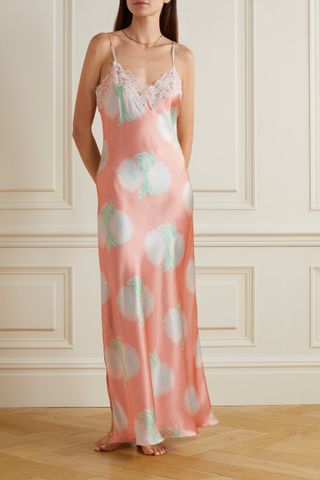 Loretta Caponi + Gabrielle Lace-Trimmed Floral-Print Silk-Satin Nightdress