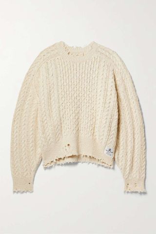 Denimist + Oversized Distressed Cable-Knit Cotton Sweater