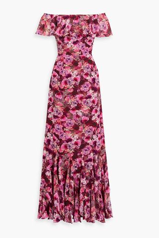 Mikael Aghal + Off-the-Shoulder Ruffled Floral-Print Fil Coupé Gown
