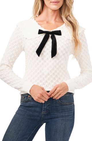 Cece + Pointelle Knit Collared Sweater With Velvet Bow