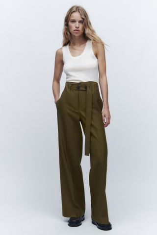 Zara + Belted Wool Blend Pants