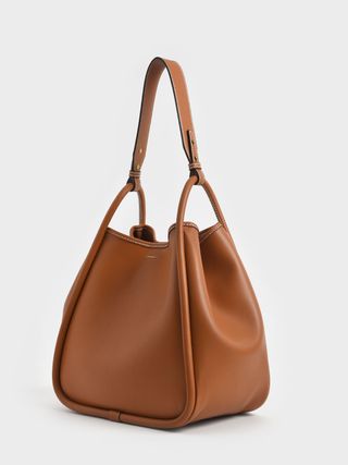 Charles & Keith + Cognac Large Stitch-Trim Slouchy Tote Bag