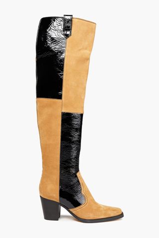 Ganni + Paneled Suede and Patent-Leather Over-the-Knee Boots